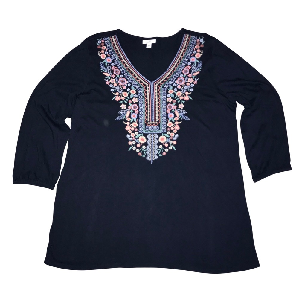 J. Jill Navy Blue Floral Embroidered Split Neck Tunic Top 3/4 Sleeve Large